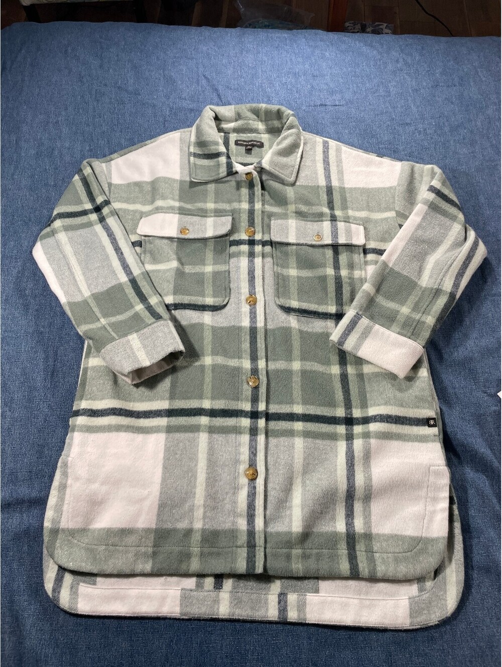 Banana Republic Women's Medium green/white plaid fleece shacket fall winter